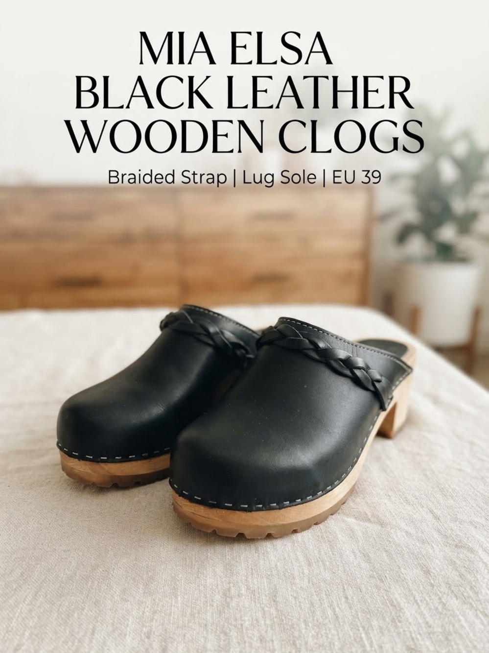 MIA Elsa Black Leather Braided Strap Wooden Clog Lug Sole Sz 39 Cabincore Scandi